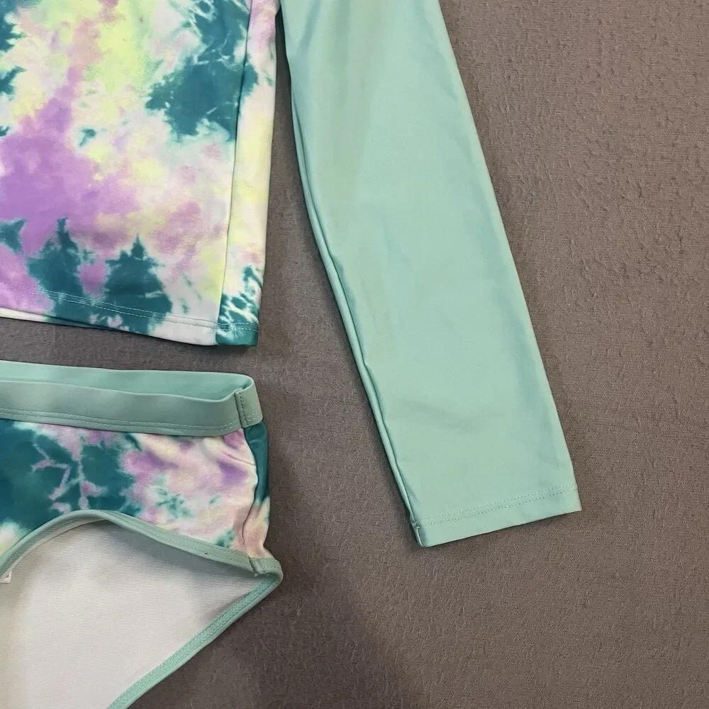 Justice Girls Tie Dye Green Purple Rashguard 2PC Swimsuit Youth Size L 12/14